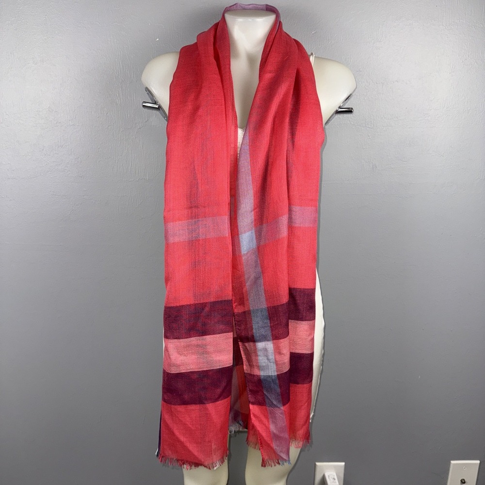Tommy Hilfiger Lightweight Check Rectangular Scarf Eyelash Fringe Multicolored